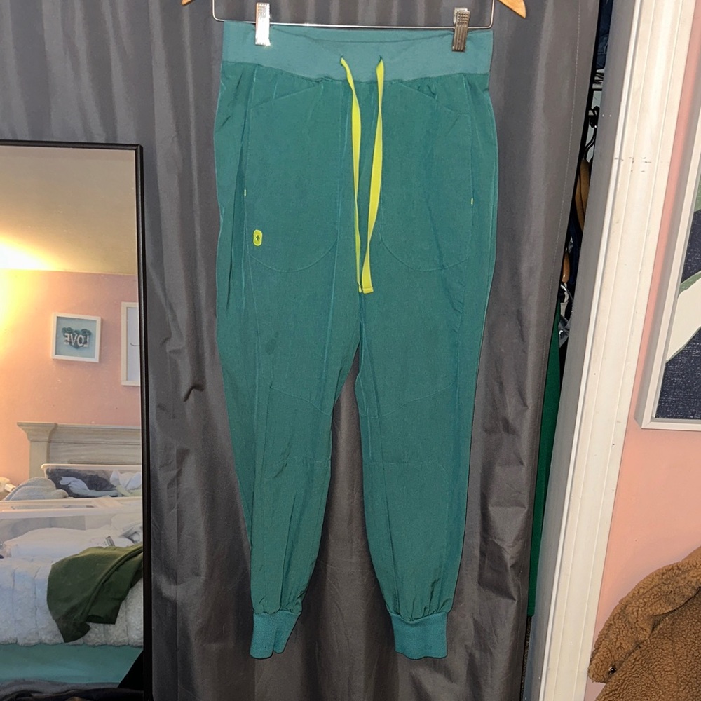 Figs Teal Joggers with Yellow Drawstring